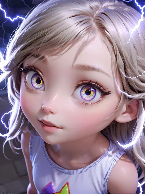cute little girl, detailed, funky eyes with lightning, high resolution eyes, cg