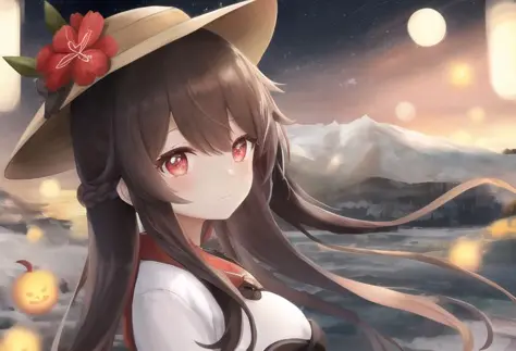 (masterpiece) ,best quality ,hu tao(genshin impact),1gir ,hat , twintail , long hair , flower on hat ,brown hair, red eyes , sym...