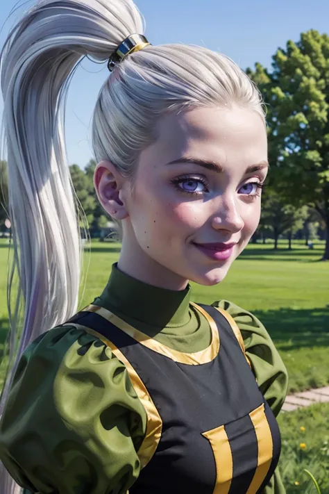 a close up of a woman with a ponytail and a green dress