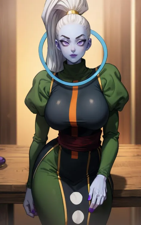 Dress_DragonBallSuper_Vados_ownwaifu, 
1girl, blue skin, white hair, hair pulled back, high ponytail, purple eyes, colored skin,...