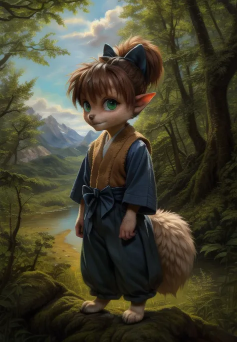 a painting of a little girl with a fox tail standing in the woods