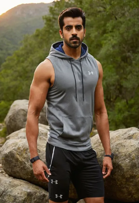 a man in a gray hoodie and shorts standing on a rock