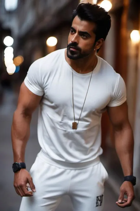 a man in white shirt and white pants standing on street