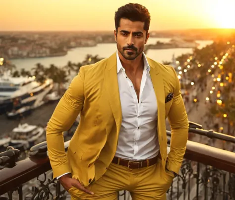 a man in a yellow suit standing on a balcony overlooking a city