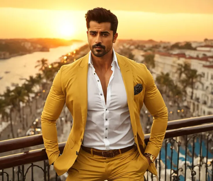 a close up of a man in a yellow suit standing on a balcony