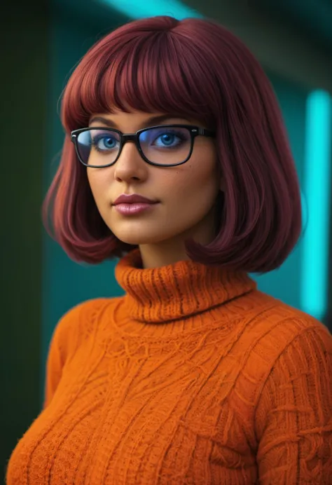 a woman with glasses and a sweater is posing for a picture