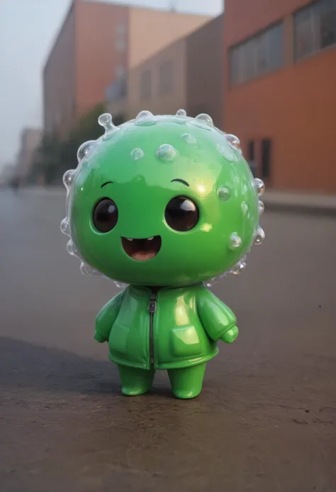 there is a green toy with bubbles on it standing on the street