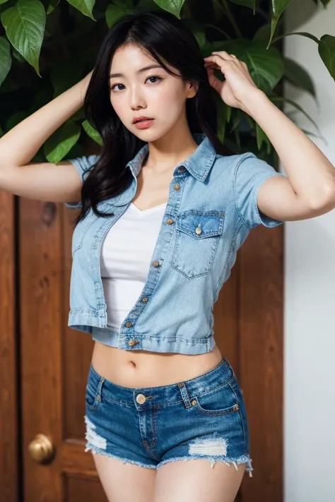 a woman in denim shorts and a white top posing for a picture