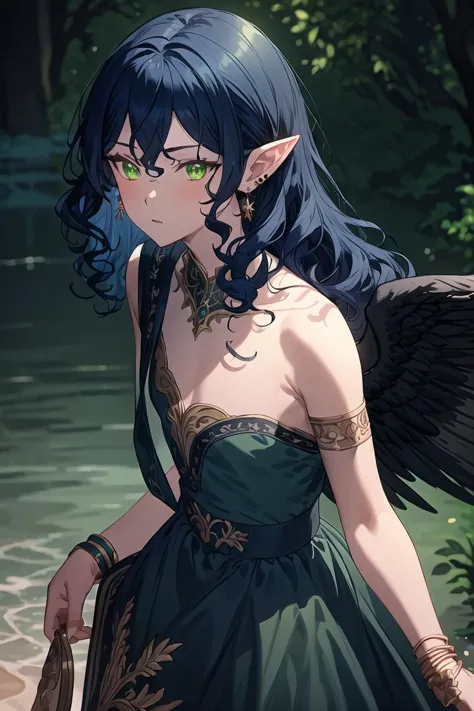 anime girl with blue hair and wings in a green dress