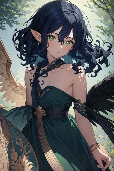 masterpiece,  1boy, solo, curly hair, looking at viewer, bangs, dark blue hair, bare shoulders, jewelry, green eyes, earrings, wings, pointy ears, nail polish, blurry, black dress, bracelet, eyelashes, floating hair, depth of field, bridal gauntlets, backlighting, yellow theme, transparent wings,   <lora:mei-lan:0.8>