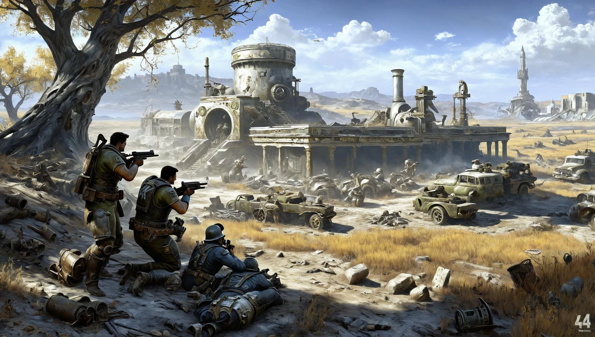 Pintura de la guerra de Fallout4 detallada en Estados Unidos. , estilo de la antigua mitología académica de Henryk Siemiradzki, 