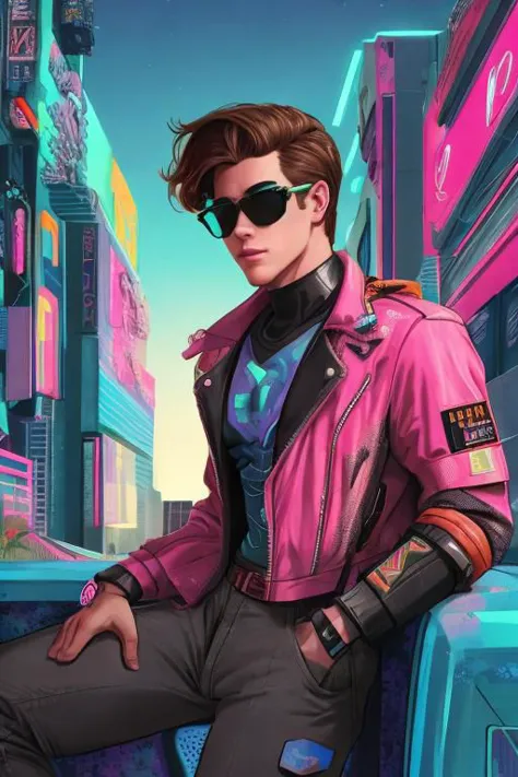 Futuristic-vaporwave, "vaporwave style handsome guy with sunglasses and brown hair. Retro aesthetic, cyberpunk, vibrant, neon co...
