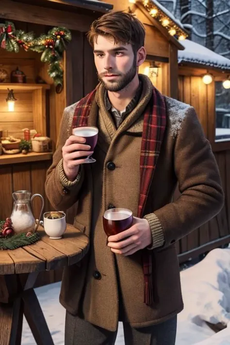 25 year old handsome man, manly, muscular, brown short hair, short stubble beard, holding 2 cups of hot wine, standing next to s...