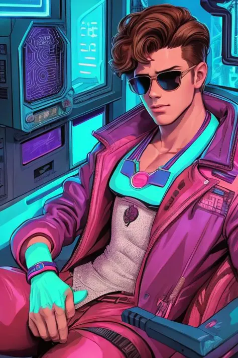 Futuristic-vaporwave, "vaporwave style handsome guy with sunglasses and brown hair. Retro aesthetic, cyberpunk, vibrant, neon co...