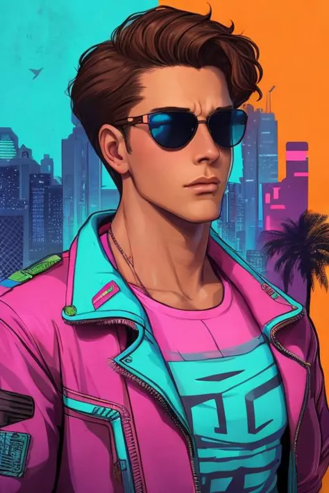 Futuristic-vaporwave, "vaporwave style handsome guy with sunglasses and brown hair. Retro aesthetic, cyberpunk, vibrant, neon co...