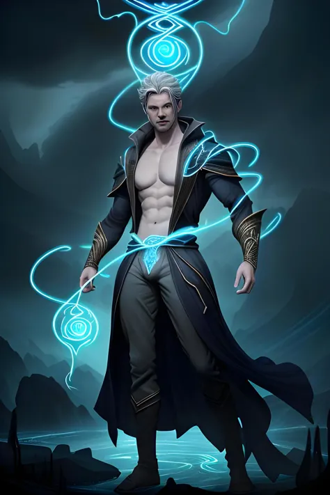 Full body portrait of a shirtless man, warlock casting epic magic, energyveins across his body in the shape of arcane runes, flo...