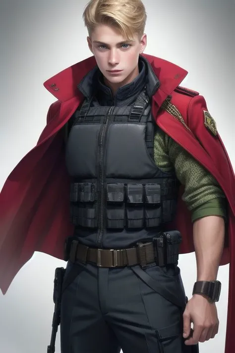 1 man, portrait of an 18-year-old blonde guy in a bulletproof vest and red overcoat, extremely detailed, highest detailed, maste...