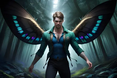 settingsdark Druid fairy with moth wings, cute man, male, handsome, open shirt, flowing energy, dark forest, epic scene, dynamic...