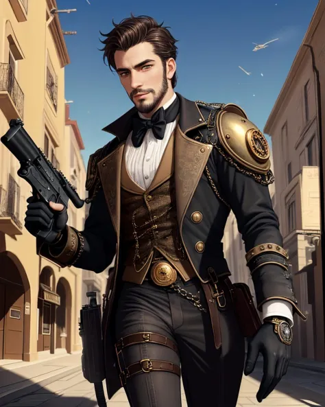 anime, ntricately detailed, (steampunk), a spanish man, sexy, strutting outdoors, gorgeous eyes, detailed face, dessert, outdoor...