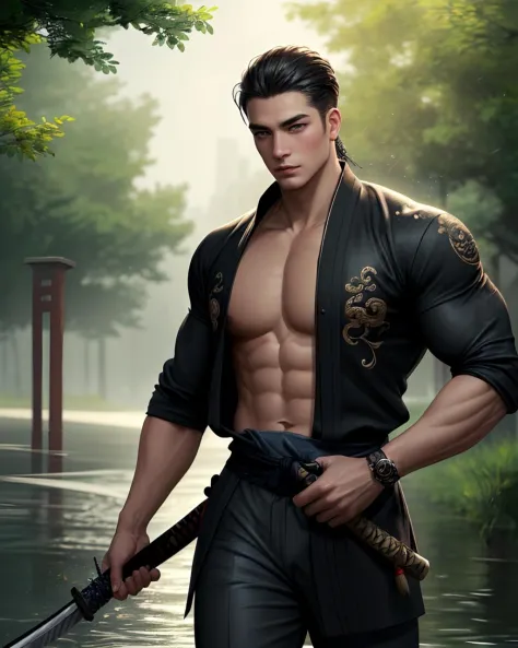 concept art, absurdres, masterpiece, highres, intricately detailed, (asianpunk), a man, sexy, muscular, strutting outdoors, gorg...