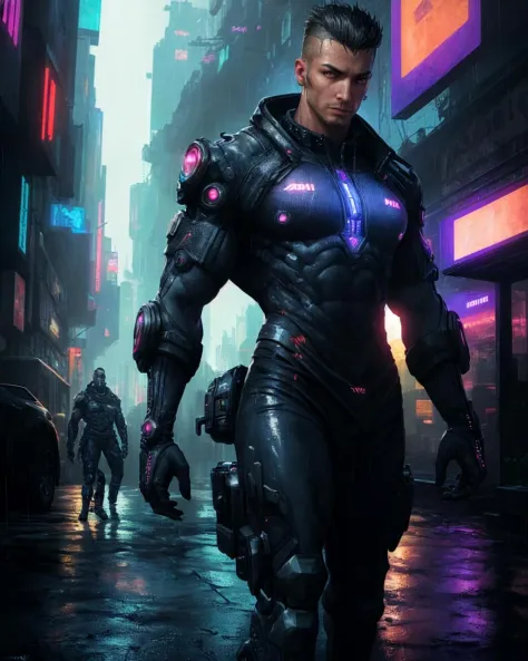 absurdres, masterpiece, highres, intricately detailed, (cyberpunk), a gay man, sexy, muscular, strutting outdoors, gorgeous eyes...