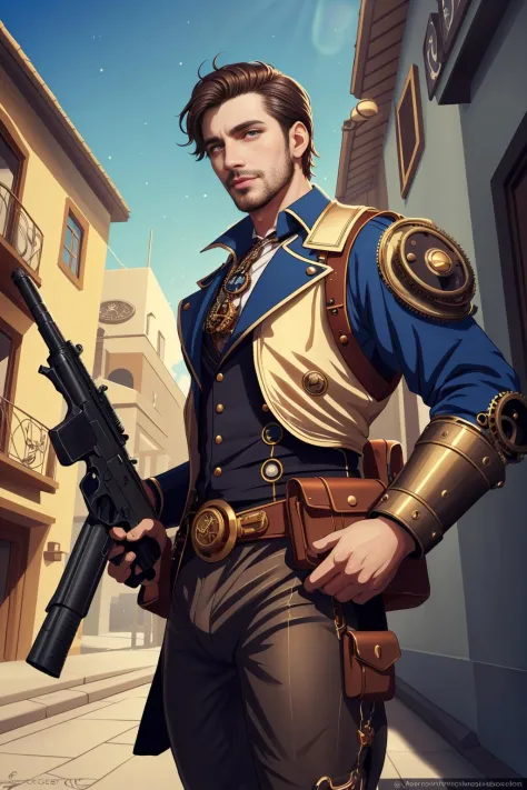 anime, ntricately detailed, (steampunk), a spanish man, sexy, strutting outdoors, gorgeous eyes, detailed face, dessert, outdoor...