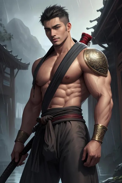 concept art, absurdres, masterpiece, highres, intricately detailed, (asianpunk), a man, sexy, muscular, strutting outdoors, gorg...