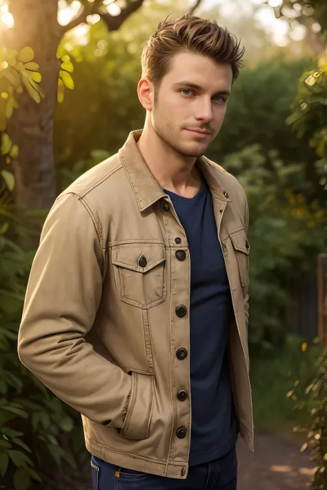 photo portrait of a Lanky 35 year old Swedish man with Medium complexion wearing a Beige Denim jacket, detailed clothes, texture...