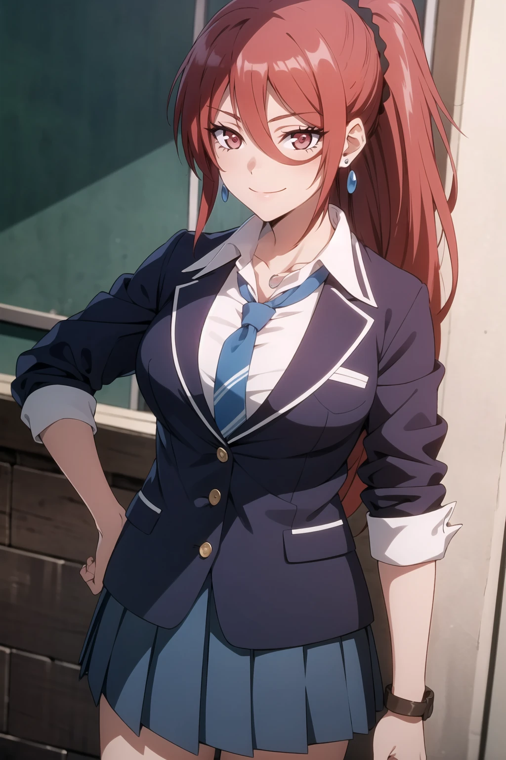 (masterpiece, best quality), intricate details, maya1hit, 1girl, red hair, long hair, ponytail, hair between eyes, scrunchie, red eyes, jewelry, earrings, large breasts,  collarbone, , shirt, white shirt, collared shirt, blazer, necktie, skirt, blue skirt, pleated skirt, smile, cowboy shot,   