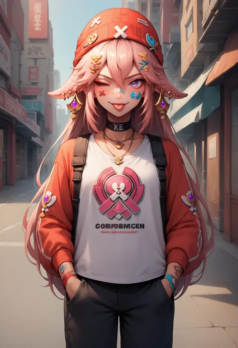 a woman with pink hair and a white shirt is standing in the street