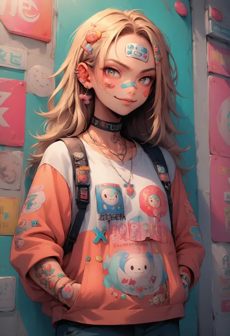 score_9, score_8_up, score_7_up, source_anime, 1girl, jewelry, sticker, hair ornament, hairclip, ear piercing, bandaid on face, ring, choker, necklace, bandaid on hand, tattoo, <lora:ArtstyleStickerV2_XLPD:1.25>, colorful, seductive smile, hands in pocket,