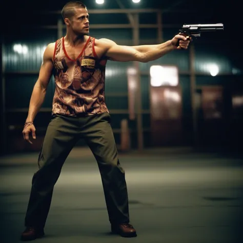 cinematic photo tyler durden, facial hair, basketball sleeveless shirt, shaved hair, cargo pants, aims a hangun  <lora:TylerDurden1024:0.8> . 35mm photograph, film, bokeh, professional, 4k, highly detailed