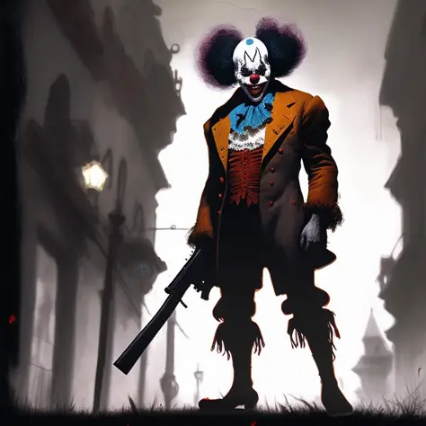 creepy photo of a clown holding an uzi on the street, black and white color aesthetic!!! very detailed 8k. horror style! trending at artstation conceptart body full-body!! sharp focus creepy dramatic volumetric lighting chiaroscuro hdr painting by beksinsk...