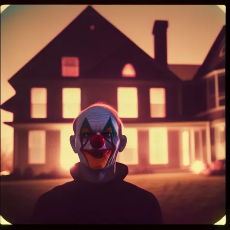 creepy photo of a clown, creepy lighting. night time photography taken on polaroid camera with flash in the background and an old abandoned house from 90 sifilm x - t 3 0 pro lens f/ 5 2 1 6 7 9 at sunset dramatic volumetric fog mist photorealistic octane ...
