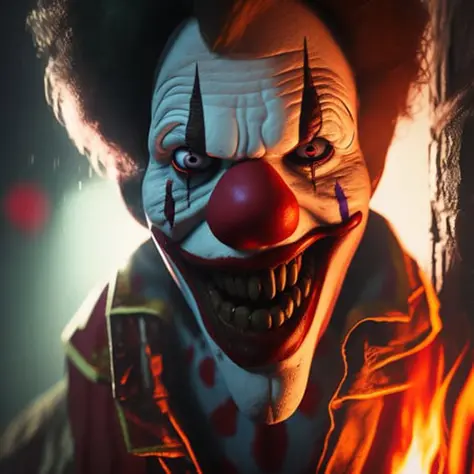 creepy photo of a clown in the middle surrounded by zombies, scary atmosphere. dark night time photography style with flash and lights on at an old house fire is burning down everywhere all around them cinematic lighting 8k hyper realistic detailed masterp...