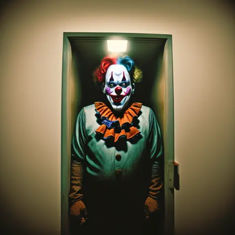 creepy photo of a clown in the backrooms, high contrast lighting. polaroid - h 640 4 0 8 6 7 9 1 2 5 mm f / 3 lens by annie leibovitz and steve mccurry octane highly detailed award winning color photograph trending on flickr dramatic dark atmosphere cinema...