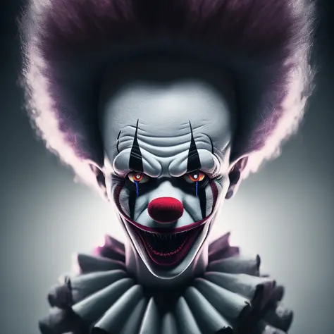 creepy photo of a clown, black and white color aesthetic with many eyes. horror art style by junji ito hyperrealism detailed painting accurate features dramatic lighting dark background hd 8k high resolution camera flash photography super realistic intrica...