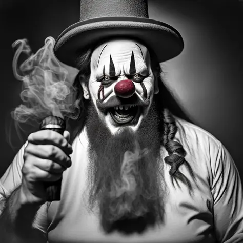 creepy photo of a clown with long hair and beard sitting on it's back, in the style from ansel adams photograph by werner herzog. he is smoking cigar while holding gun at his side as they cry for joy to do some magic that are not evil or good looking face ...