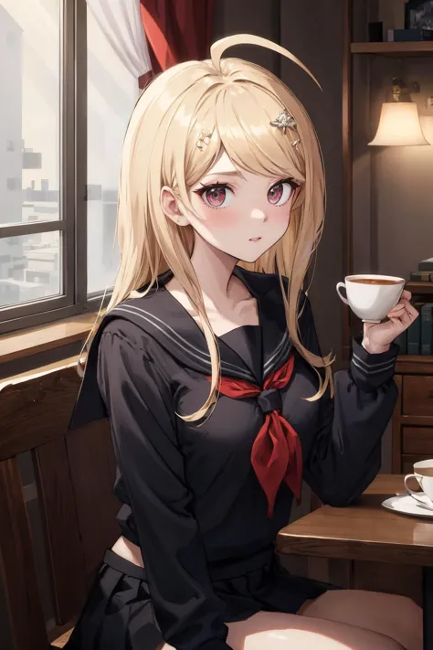 anime girl with long blonde hair sitting at a table with a cup of coffee