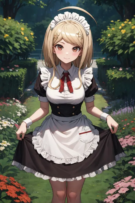 a woman in a maid outfit standing in a garden