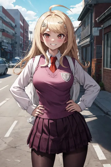 anime girl in uniform posing for a picture on a city street