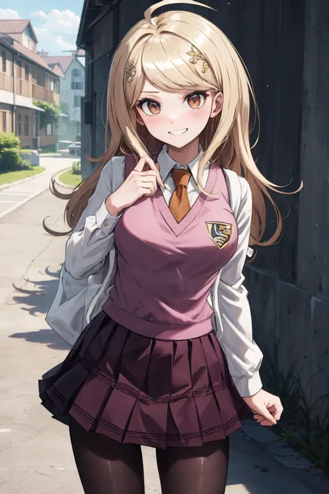 anime girl in school uniform walking down a street with a backpack