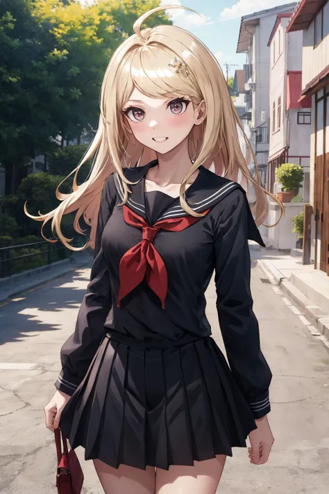 anime girl in a short skirt and a red purse walking down a street