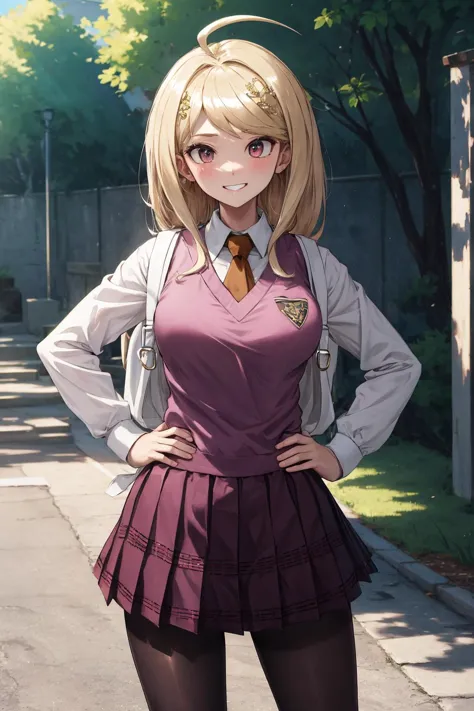 anime girl in school uniform posing for a picture on a street