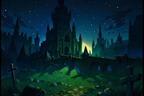 painting of scary looking graveyard, diablo 2, late night, dusk, night, dark, starlit, fantasy, medieval, loading screen art, ink outlines, wallpaper, vignette, matte painting by (Kazimir Malevich:1.1), simple lighting, dynamic shading, complementary colors, HDR, absurdres, cinematic, muted colors, limited color pallete, (masterpiece:1.2), (best quality:1.1), 