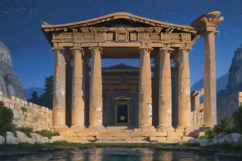 a beautiful Greek night landscape, a small temple, beautiful columns, a stream, stars in the sky, full moon, high res, 4k, lit only by the moon, slightly dark