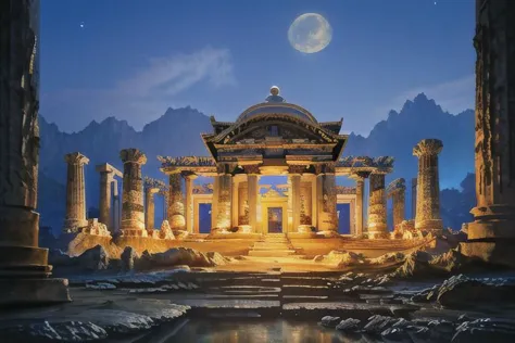 un magnifique paysage nocturne grec, un petit temple, belles colonnes, un courant, Les étoiles dans le ciel, pleine lune, haute résolution, 4k, éclairé uniquement par la lune, légèrement sombre