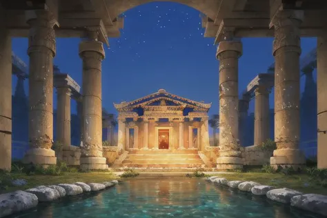 a picture taken from the inside of a building with columns and a pool