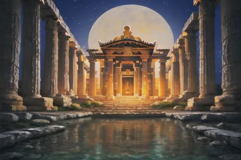 a picture taken from a video game of a temple with a full moon in the background