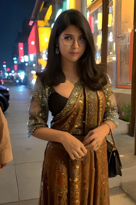 a woman in a gold dress standing on a sidewalk